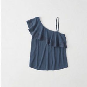 Embroidered One-Shoulder Ruffle Top Blue